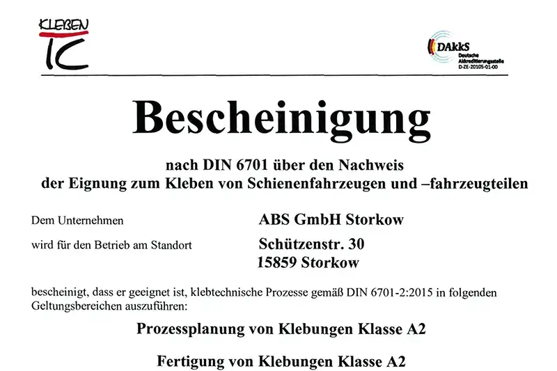 Bescheinigung nach DIN 6701 über den Nachweiß der Eignung zum Kleben von Schienenfahrzeugen und -fahrzeugteilen