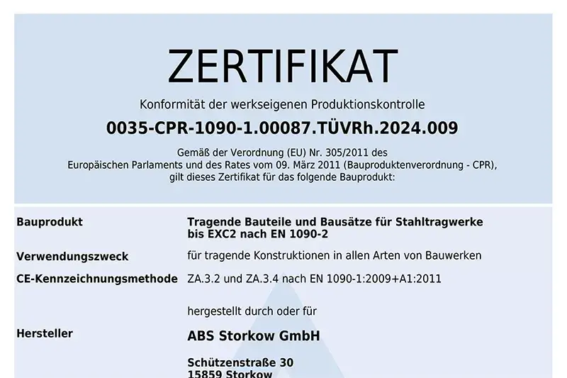 Tragende Bauteile und Bausätze für Stahltragwerke bis EXC2 nach EN 1090-2