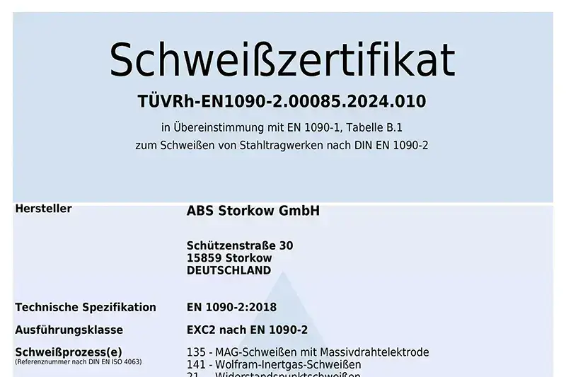 Schweißzertifikat zum Schweißen von Stahltragwerken nach DIN EN 1090-2