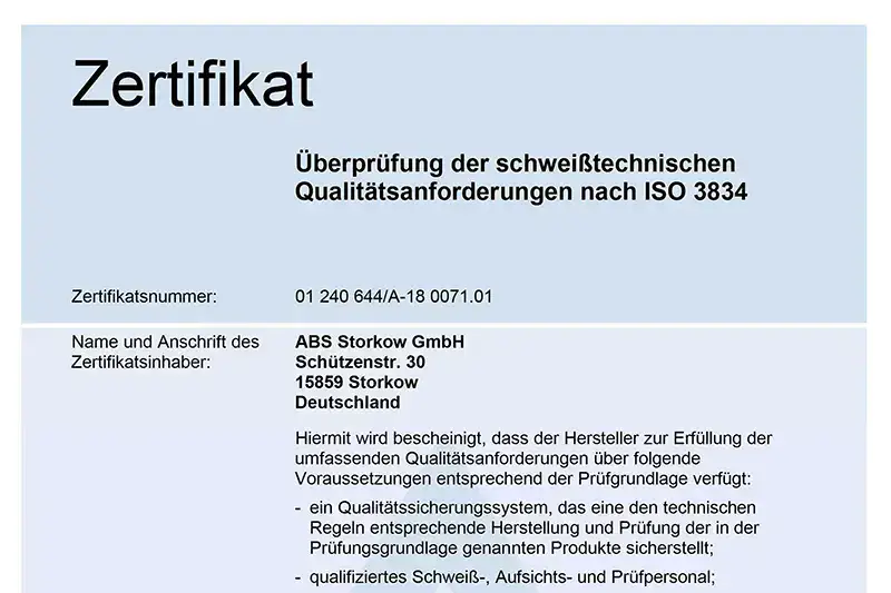 Zertifikat für die schweißtechnischen Qualitätsanforderungen nach ISO 3834